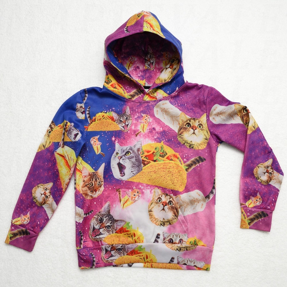 Taco Cat Galaxy Kid's Sz XL Hoody Graphic Print Funny Colorful Cats Sweatshirt